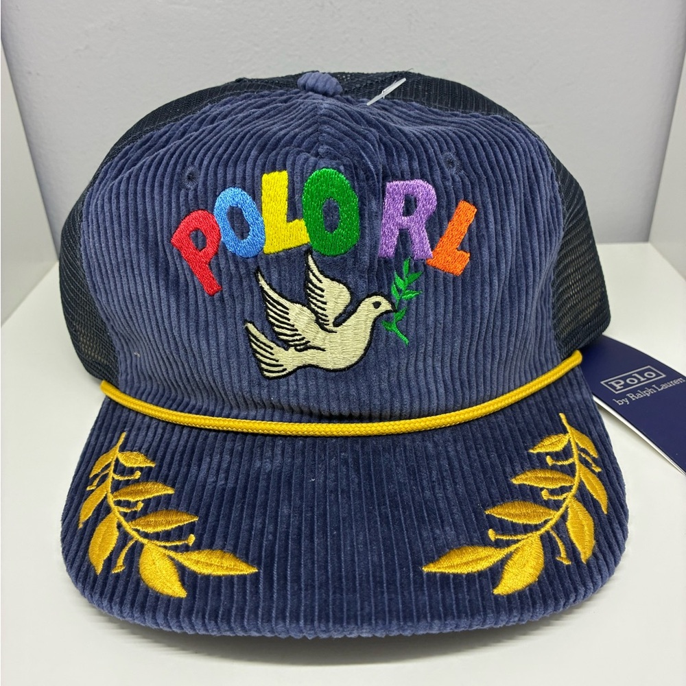 Ralph Lauren Navy Corduroy Trucker Hat with Yellow Embroidery